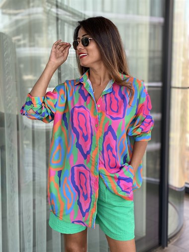 Çok Renkli Oversize Viskon Kadın Gömlek