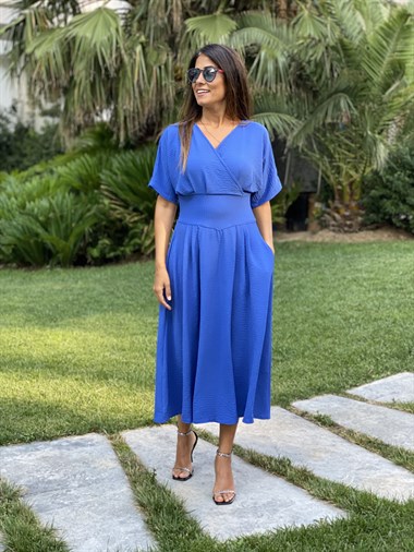 Mavi Kruvaze Yaka Yarasa Kol Aerobin Kadın Elbise 
