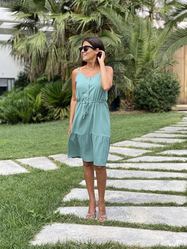 Mint Yeşili Ayarlanabilir İp Askılı Önü Düğmeli  Aerobin Kadın Elbise