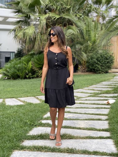 Siyah Ayarlanabilir İp Askılı Önü Düğmeli  Aerobin Kadın Elbise