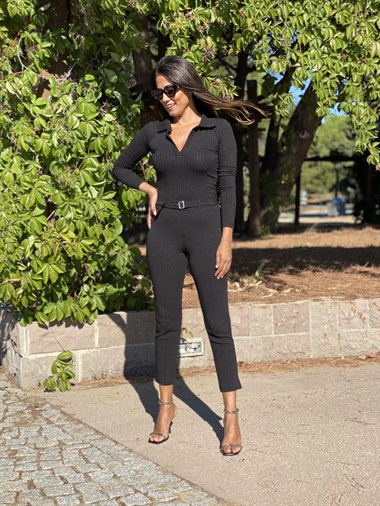 Siyah Polo Yaka Uzun Kol Fitilli Kaşkorse Kadın Body
