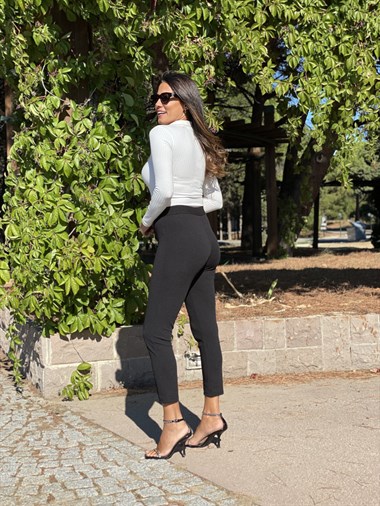 Siyah Tokalı Likralı Krep Kadın Pantolon
