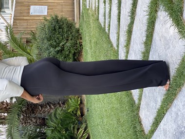 Siyah Yüksek Bel Geniş Paça Önü Dikişli Likralı Krep Kadın Pantolon