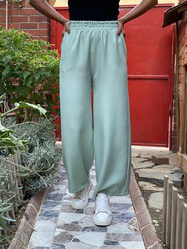 Su Yeşili Bel Lastikli Bol Paça Yürüyüş Kadın Pantolon