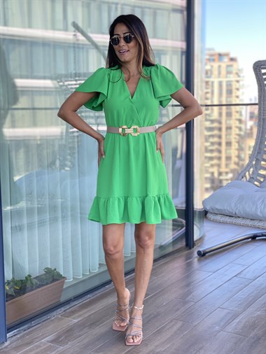 Yeşil  Eteği Ve Kolları Volanlı Belden Lastikli Kadın Elbise