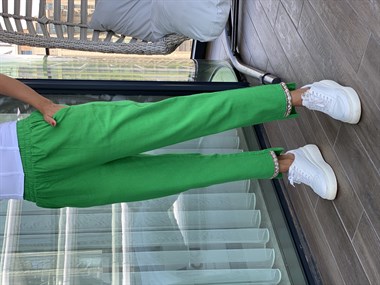 Yeşil Paçası İşleme Detay Ham Keten Kadın Pantolon