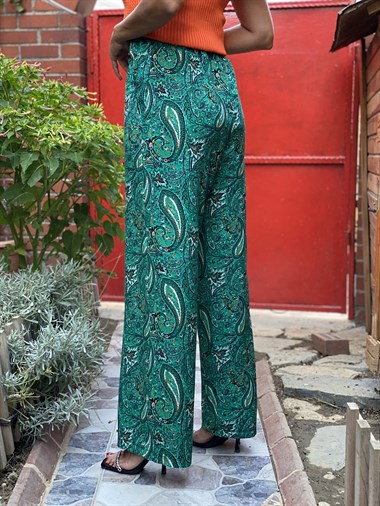 Yeşil Şal Desen Bel Lastikli Bol Paça Yürüyüş Kadın Pantolon